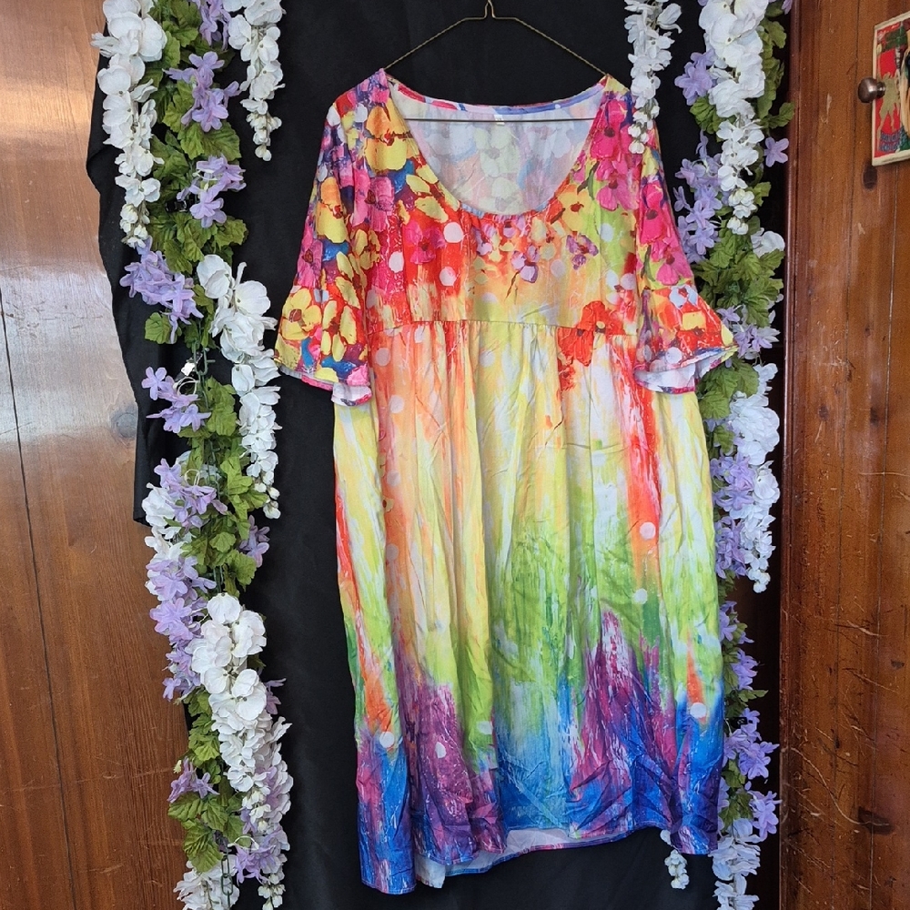 Vibrant Multicolor Watercolor Scoop Neck Dress